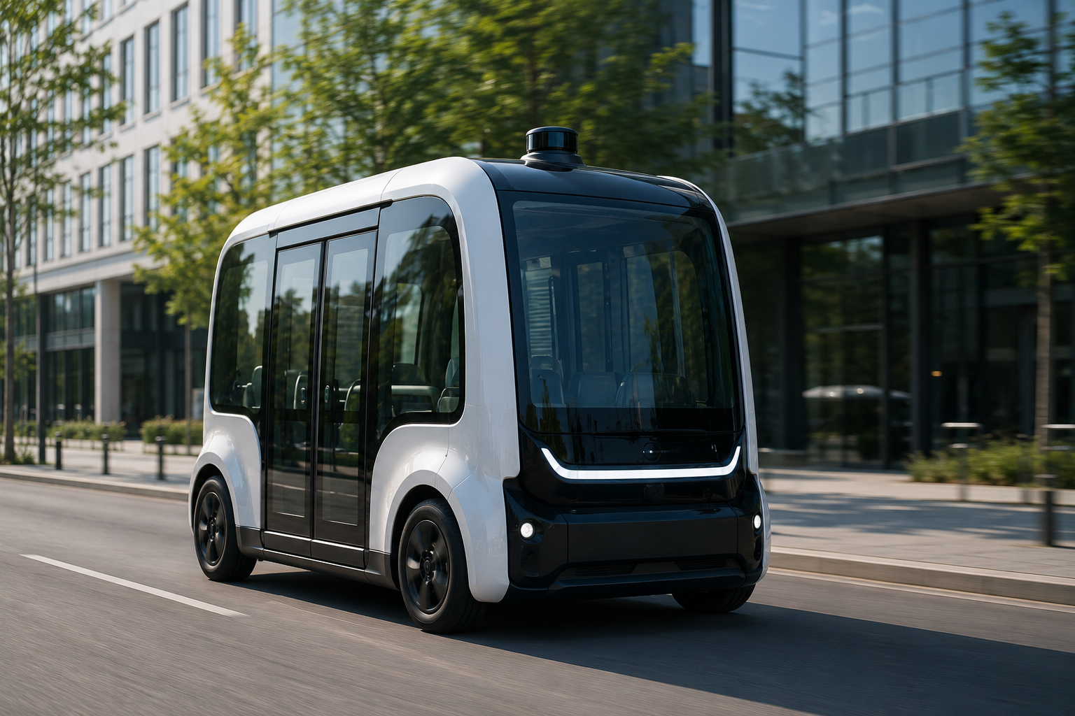 Autonomes Elektro-Shuttle fährt durch eine moderne Stadtstraße